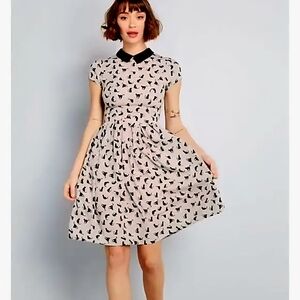 Modcloth Light Gray Retro Black Cat Dress, Size Small